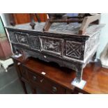 An eastern carved wood coffee table with two drawers, length 98.5cm, depth 47.5cm and height 40cm.