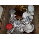 A box of misc including Leonardo collection figures, French glass owl, ornaments, etc.