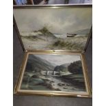 Two pictures; Bob Tucker, mountain landscape with bridge over river, oil on canvas, 75cm x 49cm