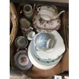 A box of mixed ceramics including vintage Coalport jug, sugar bowl and plate, arious plates,