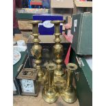 A vintage T.M. Taylor & Sons Cowes brass and glass carriage clock, a pair of Victorian brass