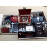 Two boxes containing various items of costume jewellery, jewellery boxes etc