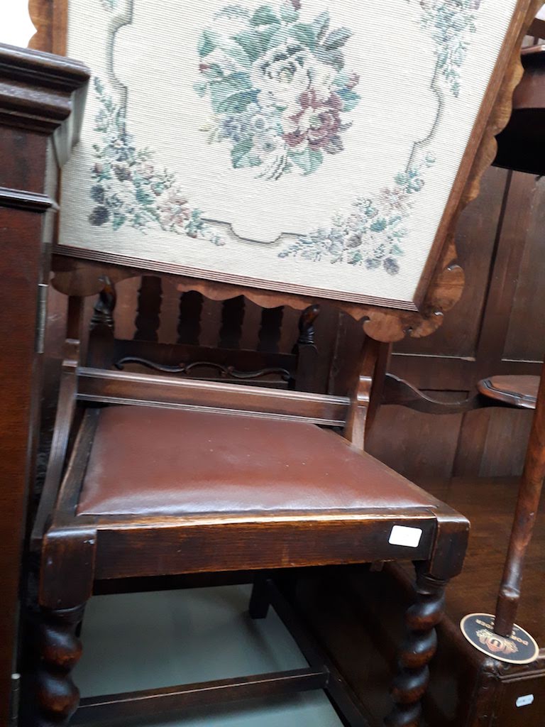 Tapestry firescreen table and an oak chair