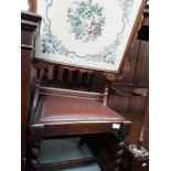 Tapestry firescreen table and an oak chair