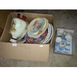 A mixed lot comprising a Victorian painted glass vase, plates including a Royal Winton cake stand,