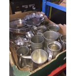 A box of plated ware and pewter tankards