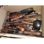 A box of vintage wood working tools, chisels etc.