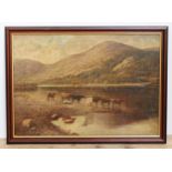 S.H. Blake, cattle watering by loch, oil on canvas, 65cm x 45cm, signed and date 1910, framed 72cm x