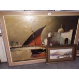 A large oil painting indistinctly signed togther with a watercolour signed 'Geo Gray'.