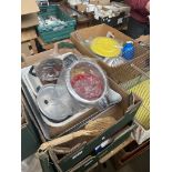 3 boxes of kitchenalia to include enamelled cooking trays, aluminium pressure pot, etc.