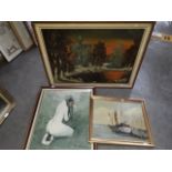 Three oils; Alex Dowling, "Quay Side", acrylic, 47cm x 37cm, R Berger, female nude, oil on canvas,