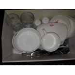 Virgin Airlines bone china tableware, glasses and metal cutlery