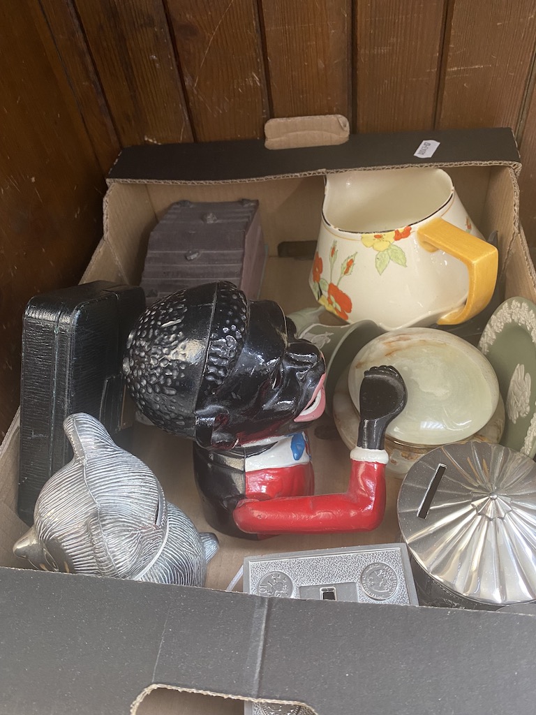 A box of collectables to include antique money boxes, Wedgwood pieces and a Crown Ducal jug etc.