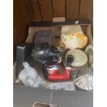 A box of collectables to include antique money boxes, Wedgwood pieces and a Crown Ducal jug etc.