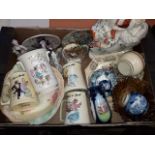A box of assorted ceramics including continental figures, a Staffordshire flat back figure, three