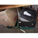 4 boxes of misc including paper shredder, rope, TV, cables, tools, sporting equipment, etc.