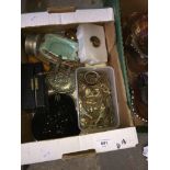 A box of collectables including vintage evening purse and keys