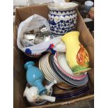 A box of mixed ceramics including plates, cups and saucers and jugs etc. Also includes a cast