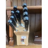 Richardson Sheffield wooden knife block and set of kitchen knives.