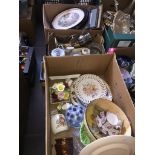 Box of pottery, box of metalware and a box of pictures