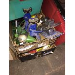 Two boxes of garage/car tools and accessories including a car creeper.