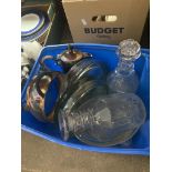 A box of misc including platedware, 2 decanters, glassware, etc.