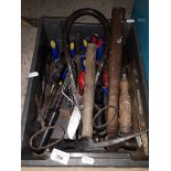 Box containing various tools, some vintage