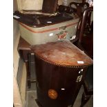 A tripod table, a drop leaf table, a vintage suitcase and an inlaid mahogany corner cabinet