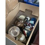 A box of misc collectables including platedware, ornaments, etc.