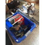 Collection of tools including sash clamps, sledgehammer, a large Record vice, router etc