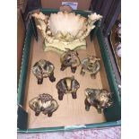 A box containing a vintage Royal Doulton flower bowl and six pieces of Langmead Crafts studio