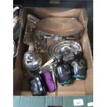 A box containing epns ware , a pair of cloisonne vases, and a vintage pair of opera/sport glasses