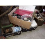 Box containing various items of treen and metalware including Macfarlane log biscuit tin together