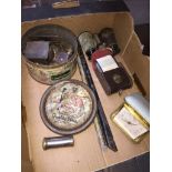 A mixed box including vintage brass primus stove, Tempora travel alarm clock, 2 penny whistles,