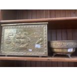 A brass bound coal box and a brass bowl on lion's feet.