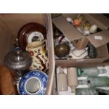 4 boxes of misc items to include barometers, clock, old bottles, vases, bowls, ornaments, wooden box