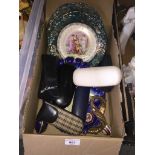 Box of items to include Limoges miniatures, plates, spectacles, slate plaques etc