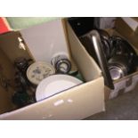 2 boxes of stainless steel products, large Royal Doulton platter, fish platter, etc.