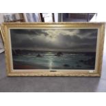 Arnold Beardsley, "A moonlit sea", oil on canvas, 101cm x 50cm, signed lower left, framed 116cm x