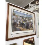 Alan Fearnley signed print, 'Be the Best' Damon Hill motor racing pitstop scene, framed and glazed