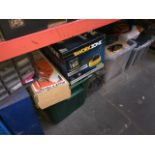 3 boxes of tools, 2 multidrawer cabinets with various pieces, a Black & Decker bench drill stand,