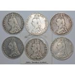 Victoria (1837-1902), six double florins including Arabic 1, 1889.