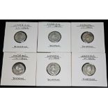 A group of six ancient Roman coins Hadrian 117-138 A.D denarius to include 1 x Fides Publica, 1 x