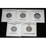 A group of five ancient coins to include 1 x P.Satrienus 77 B.C denarius: Mars: she wolf, 1 x