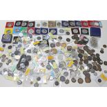 A large collection of GB coins, world coins, tokens and commemorative coins and medals to include