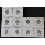 A group of ten ancient Roman coins Septimius Severus 193-211 A.D denarius to include 1 x Moneta with