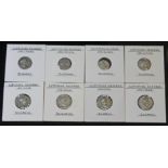 A group of eight ancient Roman coins Septimius Severus 193-211 A.D denarius to include 1 x Mars, 1 x