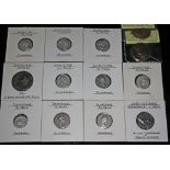A group of thirteen ancient Roman coins to include 9 x Domitian 81-96 A.D denarious (3 x minerva