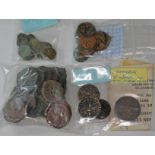 A collection of ancient coins to include 18 x small Roman bronzes, 30 x Byzantine copper, 12 x