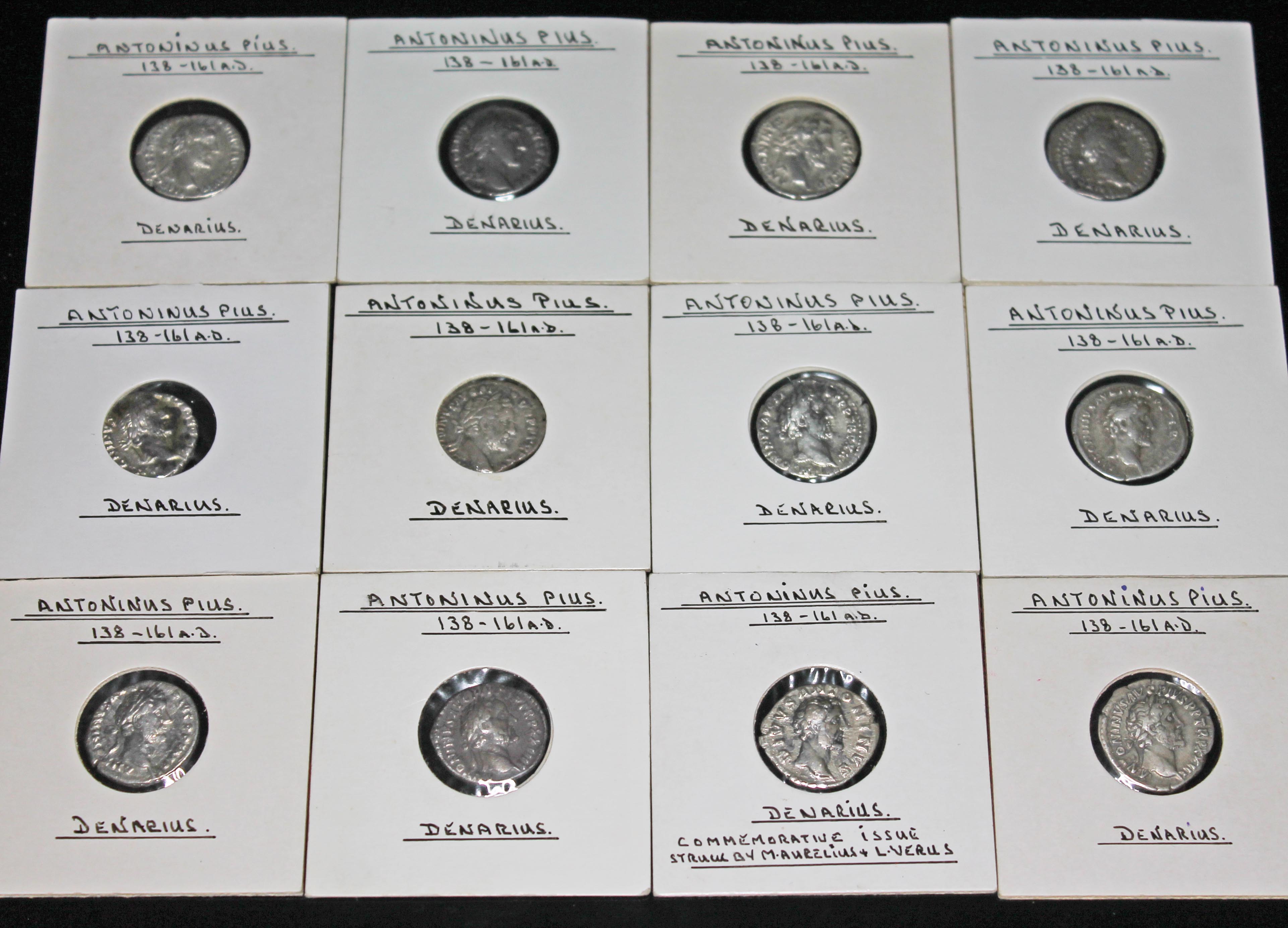 A group of twelve ancient Roman coins Antoninus Pius 138-161 A.D denarius to include 1 x Pax, 1 x